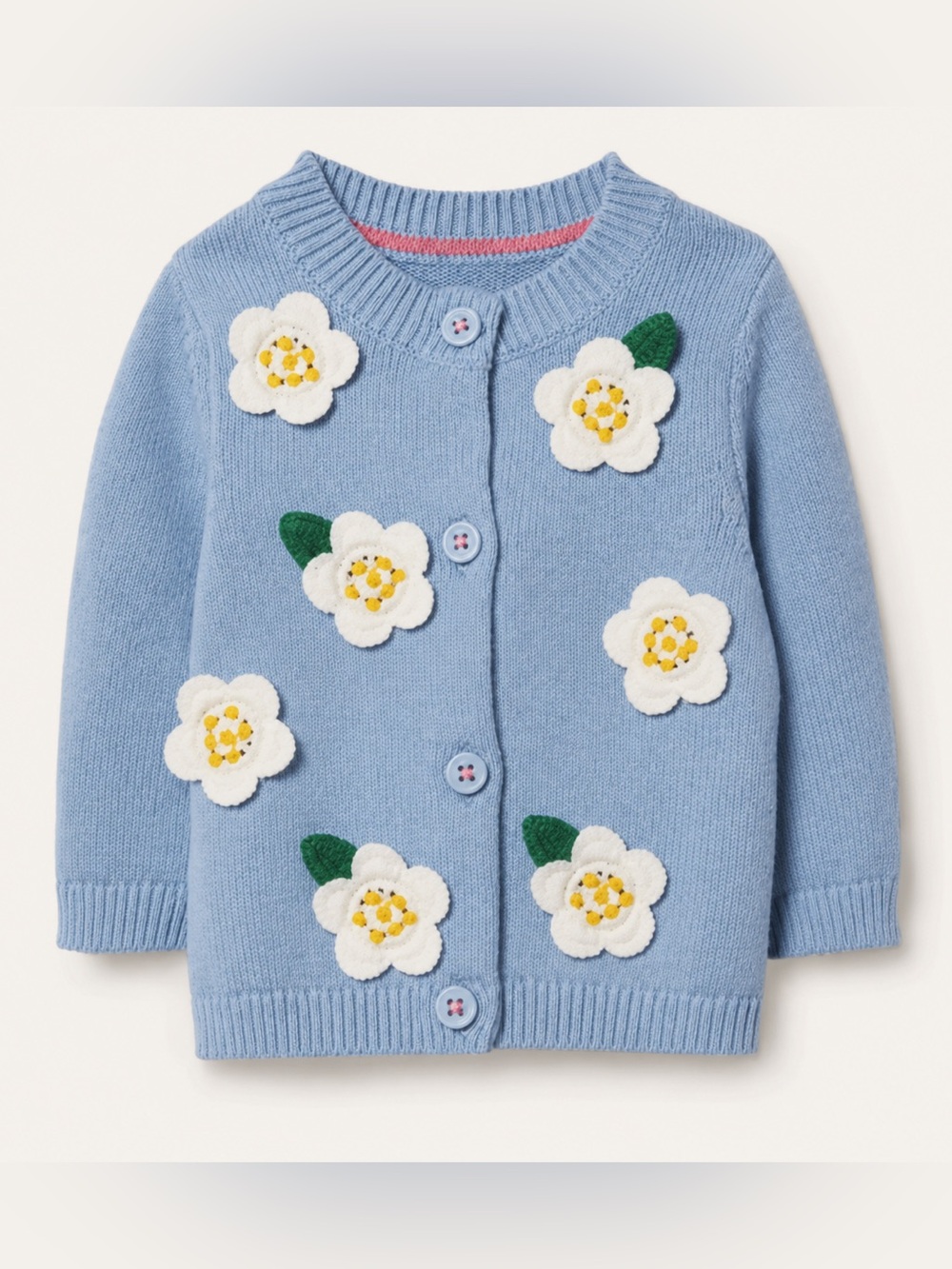 Baby Boden Crochet Appliqué Button Down Sweater